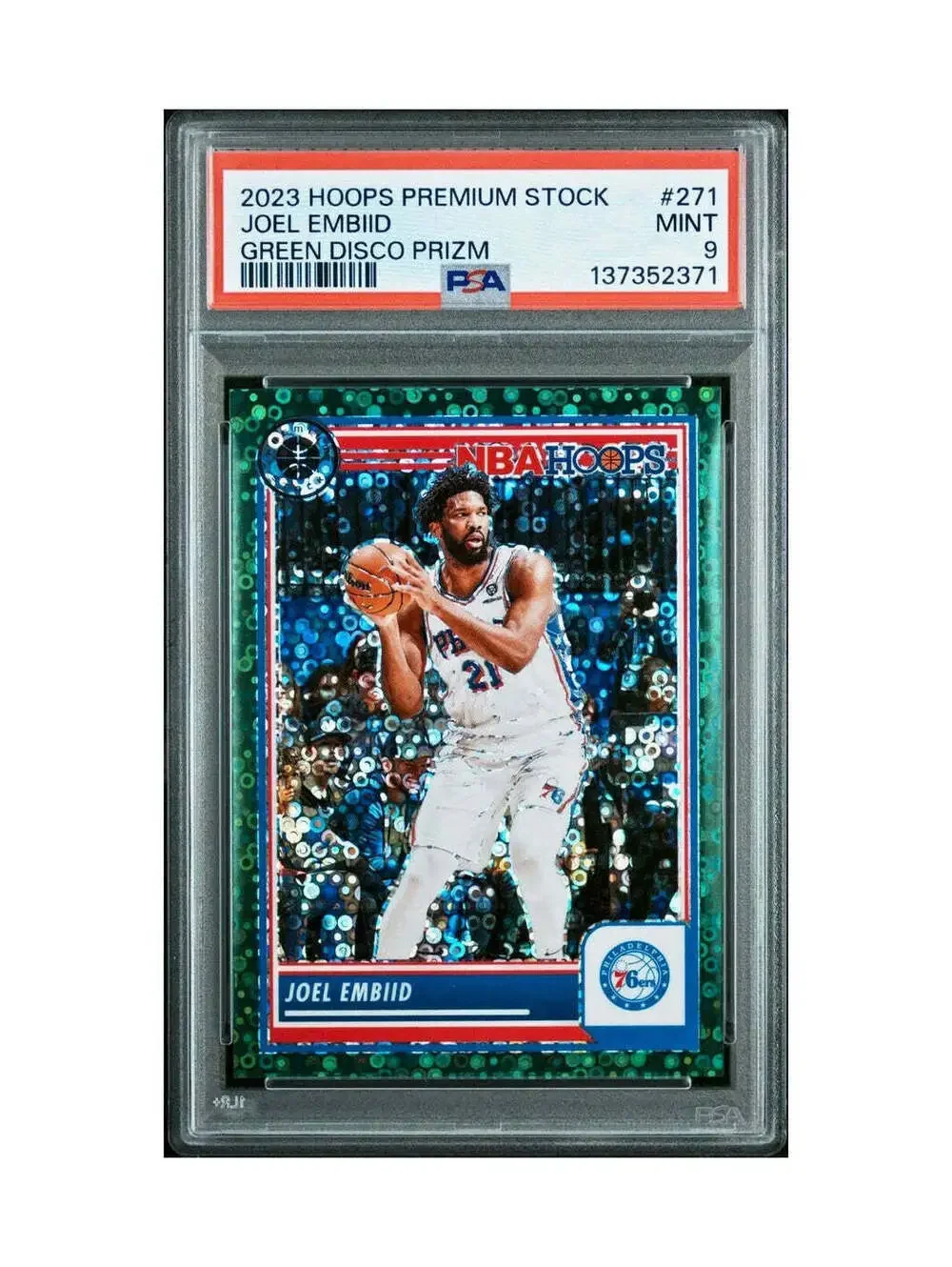 Joel Embiid 2023 Panini Hoops Premium #271 5/5 Green Disco Prizm PSA 9 Mint